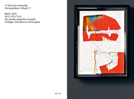 An art catalog page with text on the left and a photo of a framed artwork on the right. The artwork is an abstract, three-dimensional collage by H. Schmitz, featuring layered cut-outs of red-orange and white paper. The composition includes graphite scribbles, handwriting, and an orange cord that runs through the piece. Underneath the top layers, accents of blue and yellow paper are visible. The piece is in a black frame, mounted on a dark wall.