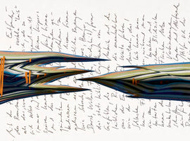 An abstract artwork on a white background featuring black handwritten cursive text. A sculptural element made of finely layered paper strips in shades of blue, green, tan, and orange cuts horizontally through the center. The strips are folded into two opposing, jagged, mountainous forms that nearly meet, with the text visible in the spaces above and below.