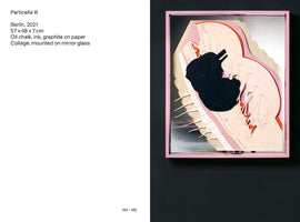 A two-page book spread. The left page provides text information for an artwork titled Particella III. The right page displays a photograph of the artwork, which is a three-dimensional collage in a pink frame against a dark wall. The collage is made of layered pink and cream paper with anatomical-style drawings, a large black abstract shape at its center, and thin, white, spine-like protrusions extending from the side. The piece is mounted on a mirror, creating reflections.