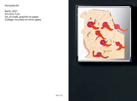A page from a book displaying the artwork Particella VIII. On the left is text with the title and creation details. On the right, a photograph shows the artwork in a black frame against a dark wall. The piece is a collage of layered, light-beige paper cut-outs with small graphite drawings on them. Attached to these are smaller, vibrant red and purple organic shapes. The entire composition is mounted on a mirror, creating reflections.