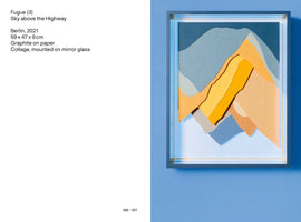 A two-page spread from an art book. The left page has text describing the artwork. The right page shows the piece, titled Fugue (3), a framed, three-dimensional collage hanging on a blue wall. The artwork depicts an abstract mountain landscape made from layered paper in shades of blue, grey, yellow, and orange.