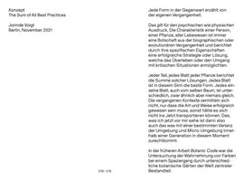 A minimalist two-page spread from a book, numbered 278–279. On the left, black text on a white background reads Konzept, The Sum of All Best Practices, Jorinde Voigt, Berlin, November 2021. The right page features a long block of text in German, also in black on a white background.