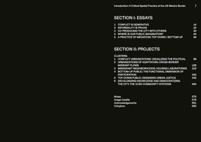 A table of contents for a book, shown in white text on a black background. The introduction is titled A Critical Spatial Practice at the US-Mexico Border. Section I is Essays, with five chapters. Section II is Projects, with six chapters. Chapter titles include Co-Producing the City with Others and Immigrant Neighborhoods: Housing Laboratories. The list concludes with Notes, Image Credits, Acknowledgements, and Colophon, with page numbers aligned to the right.