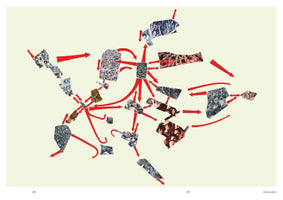 A conceptual diagram on a cream-colored background, spread across two pages. The diagram is a collage of irregularly shaped photographs showing various crowds of people at events like protests and concerts. The photo fragments are interconnected by a complex network of thick, red arrows, indicating flow and relationships. A central image of a crowd acts as a hub, with many arrows radiating from and pointing towards it.