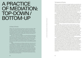A two-page spread from an academic text with a light green page on the left and a white page on the right. The large title on the left page reads, A PRACTICE OF MEDIATION: TOP-DOWN / BOTTOM-UP. The text discusses urban practice, architecture, and mediating between institutional and community-led approaches, with section headings A Critique of Practice and The Expansion of Practice.