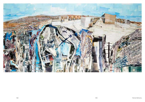 A panoramic photomontage of a starkly divided landscape. The upper half depicts a dry, hilly terrain with a few scattered buildings under a patchwork blue sky. The lower half is a dense, chaotic, and abstract assembly of fragmented architectural and industrial images in cool tones, creating the impression of a complex, futuristic cityscape.