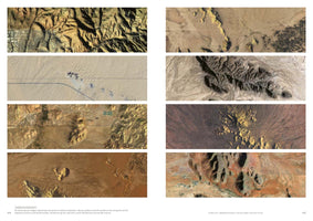 A two-page spread from a publication, displaying eight panoramic aerial photographs of arid, desert landscapes. The images show a sharp contrast between the rugged, natural terrain of mountains and plains, and a straight, man-made line representing a political border that cuts across the environment. The page is titled Dumb Sovereignty.