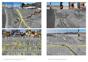 A two-page layout from a publication showing four visual analyses of spatial conflicts. Each analysis combines a strip of photographs with a corresponding grayscale map or plan. The topics illustrated are the conflict between large infrastructure and natural water systems, formal and informal urbanizations, jurisdictional boundaries and natural topography, and the Tijuana River and the border wall.