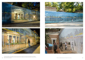 A four-photo layout showing the 60 Linear Miles of Cross-Border Conflict installation at the 2008 Venice Architecture Biennale. A large, semi-transparent screen printed with an image of a border wall is wrapped around the neoclassical US Pavilion. The photos show the installation from different angles, during both day and night, with visitors walking around and behind the screen.