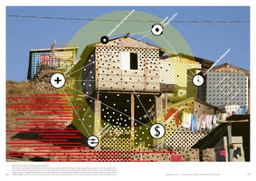 An architectural diagram is superimposed over a photograph of informal housing on a hillside. The diagram uses icons, lines, and patterns to analyze the structures, with labels pointing to concepts like Adaptive Space, Negotiated Boundaries, Informal Economy, Incremental Development, Social Organization, and Solidaristic Infrastructure.