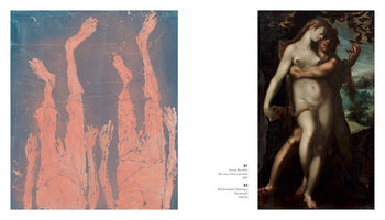 A two-page spread from an art catalog. On the left is a modern painting by Georg Baselitz, featuring several abstract, salmon-pink human figures upside down against a mottled blue-gray background. On the right is a classical painting by Bartholomäus Spranger depicting a nude man and woman, Adam and Eve, embracing in a dark, wooded setting. German text identifying the artists and artworks is between the two images.
