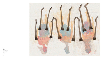 An art book page showing the 2022 painting Nylonparade by Georg Baselitz. In the artist's signature style, the painting features multiple pairs of long legs inverted against a textured white background. The legs are wearing sheer, dark nylons and are superimposed over expressive, abstract patches of pastel pink, blue, and orange paint.
