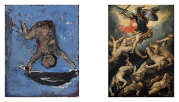 A side-by-side comparison of two paintings on the theme of falling. On the left, a modern expressionist painting depicts a single, abstracted figure falling upside down against a textured blue background. On the right, a classical painting shows an armored, winged angel with a sword casting a chaotic mass of nude figures down from the heavens.