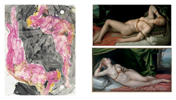 A comparative image displays three paintings of female nudes. On the left is a large, vertical expressionist painting with two upside-down figures in vibrant pink and yellow on a chaotic black and gray background. On the right are two stacked, horizontal classical paintings depicting a serene, blonde woman reclining on a bed with rich, dark green and red fabrics.