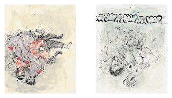 A diptych of two vertical, abstract expressionist paintings. The left panel shows a chaotic tangle of human figures in red, purple, and black ink on a cream background. The right panel depicts black ink outlines of figures falling upside down from a decorative border against a pale blue-gray background. Both artworks feature an energetic, splattered style.