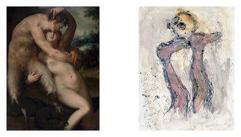 A side-by-side comparison of two paintings depicting a couple. On the left, a classical, realistic painting shows a muscular satyr with goat legs embracing a nude woman in a pastoral landscape. On the right, a modern, abstract painting features two intertwined figures rendered in rough, expressive pink and black brushstrokes against a light, neutral background.