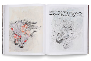 An open art book displayed against a white background, showing a two-page spread of abstract paintings. The left page features a dense, gestural painting with tangled figures in black, red, and lavender ink splatters. The right page shows a sparser black ink drawing of ethereal figures below a thick, calligraphic border.