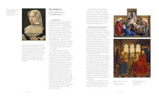 A two-page spread from an art history book in German, pages 14 and 15, titled Die Malerei: Die Revolution des 15. Jahrhunderts. The pages feature text alongside three Northern Renaissance artworks: a portrait of Margaret of Austria, Rogier van der Weyden's The Descent from the Cross, and Jan van Eyck's Madonna of Chancellor Rolin.