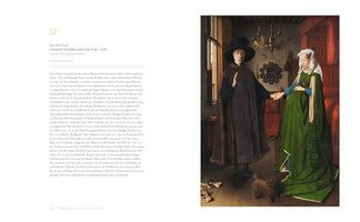 An open art book displaying Jan van Eyck's 1434 painting, The Arnolfini Portrait. The artwork is on the right-hand page, opposite a page of German text. The painting depicts a man in a large black hat and a woman in a voluminous green dress holding hands in a detailed, richly furnished room with a small dog at their feet.