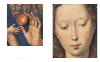 An art book page displaying two close-up details from an Early Renaissance painting. On the left, a woman's hand holds a red apple, with a baby's hand reaching toward it from the side. On the right is a detailed portrait of a woman's face with a serene, downward gaze, her light brown hair adorned with a jeweled band.