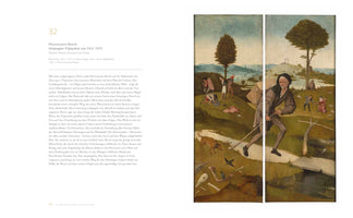A page from a German art book showing the exterior panels of The Haywain Triptych by Hieronymus Bosch. The painting depicts an elderly pilgrim with a staff and a pack on his back walking through a perilous landscape. He is surrounded by scenes of worldly sin and danger, including robbers attacking a victim, a dog snarling at him, and skeletal remains on the ground.