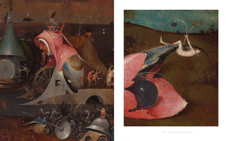 A book page displaying two details from a surreal Hieronymus Bosch painting depicting a hellscape. On the left, a large, monstrous creature with a human head in a pink hood devours a person amidst a chaotic battle. On the right is a close-up of a nude figure hanging upside down from a thorny branch.