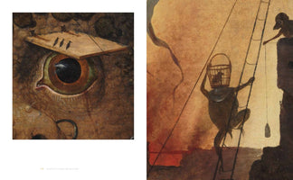 A two-panel layout from an art book showing details of a surrealist painting. On the left, a close-up of a large, monstrous brown eye with a wooden plank and three small birds resting above it. On the right, a frog-like creature with a basket over its head climbs a ladder in a desolate, ochre-toned landscape.