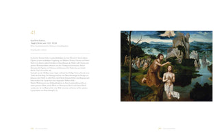 A two-page spread from an art book. The left page contains German text about the artwork. The right page displays the painting Taufe Christi by Joachim Patinir, depicting the Baptism of Christ. John the Baptist baptizes a praying Jesus in a river, while God appears in the clouds above and the Holy Spirit descends as a dove. The scene is set in a vast landscape with rocky mountains and a winding river.