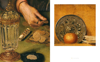 A diptych of two close-up details from classical oil paintings. On the left, a person's hand counts gold coins on a green table next to an ornate goblet, rings, and pearls. On the right, a still life shows an embossed metal plate and a single orange against a warm yellow wall.