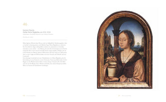 An open book page displays text in German on the left and a painting on the right. The painting, Saint Mary Magdalene by Quinten Massijs, is in a thick, arched wooden frame and depicts a pensive young woman in Renaissance attire opening a white ointment jar. Behind her is a detailed landscape with buildings.