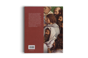 The back of a reddish-brown book featuring a detail from a classical Flemish painting. The artwork shows a dense crowd of men with expressive, realistic faces, some bearded and wearing light-colored robes. The left side of the cover includes German text and a barcode.