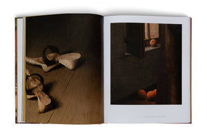 An open art book on a white surface, displaying a two-page spread with details from a classical oil painting. The left page shows a close-up of two wooden pattens with black straps on a dark wood floor. The right page shows a dimly lit room with several oranges on the floor and one on a windowsill next to an open window.