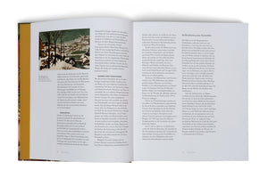 An open art history book with German text, seen from an angle. The left-hand page features a reproduction of Pieter Bruegel the Elder's painting, Hunters in the Snow, depicting a winter landscape with hunters, dogs, and a snowy village.