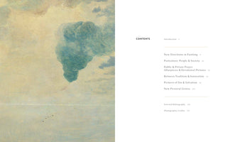 A two-page spread from an art history book. The right page shows the table of contents with chapter titles including New Directions in Painting and Portraiture: People & Society. The left page features a full-page painting of a large, dramatic blue-green cloud over a calm sea, with a small flock of birds flying above the horizon.