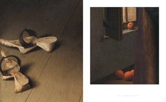 A side-by-side image showing two details from a realistic oil painting. The left panel displays a pair of wooden pattens with dark straps lying on a dark wooden floor. The right panel shows the corner of a dimly lit room with an open window, where an orange rests on the sill and several more sit on a chest below.