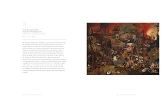 A two-page spread from an art book. The left page contains text about Pieter Bruegel the Elder's 1563 painting, Dulle Griet (Mad Meg). The right page shows the painting: a chaotic, hellish landscape under a fiery sky. A giant armored woman strides through the scene with a sword, surrounded by grotesque monsters, fighting women, and the gaping mouth of Hell.