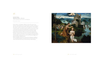 An open book spread displays Joachim Patinir's painting, Baptism of Christ, from circa 1521-24. On the right, the painting depicts John the Baptist baptizing Jesus in a river set against a vast, mountainous landscape. God the Father appears in the clouds above. On the left page is descriptive text about the artwork.