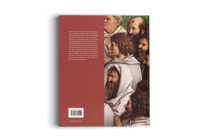 The back cover of a hardcover book titled The Flemish Masters, lying on a white background. The cover is divided vertically; the left side is a solid reddish-brown with descriptive text and a barcode, while the right side displays a detailed painting of a crowd of men with varied expressions, dressed in historical robes.
