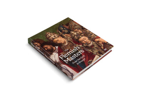 An angled, studio shot of a hardcover art book titled The Flemish Masters, From Van Eyck to Bruegel, against a plain white background. The cover features a detailed Flemish painting of several solemn clergymen in ornate red robes and elaborate, jewel-encrusted headwear.