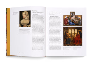 An overhead view of an open art history book on a white surface. The two-page spread is titled Painting The 15th-century revolution and includes text about oil painting and realism alongside three color reproductions of Renaissance artworks: a female portrait, a Deposition of Christ scene, and a Madonna and Child scene.
