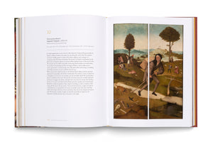 An open art book showing a two-page spread of Hieronymus Bosch's Haywain Triptych. The left page contains a block of text describing the artwork, and the right page displays the painting itself, featuring a traveler with a staff walking through a symbolic landscape filled with various figures and scenes.