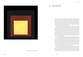 A two-page spread from an art book. The left page features Josef Albers’s painting, Homage to the Square: Yellow Center, 1954, an abstract work with a yellow square inside a reddish-brown square, which is inside a black square. The right page contains text in German.