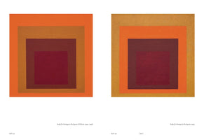 An art catalog page displays two paintings from Josef Albers's series, Study for Homage to the Square. Both abstract paintings feature a composition of nested squares in a warm palette of oranges, browns, and reds. The painting on the left is set against a bright orange outer square, while the one on the right has a muted golden-ochre outer square.