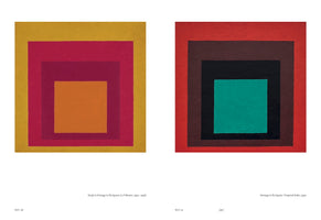 An art catalog page displaying two of Josef Albers's abstract paintings side-by-side. The left painting, titled Study to Homage to the Square: La Tehuana, features concentric squares of mustard yellow, magenta, and deep red with an orange center. The right painting, Homage to the Square: Tempered Ardor, shows nested squares of red, dark brown, and black with a teal center.