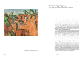A two-page spread from a book. The left page features Paul Cézanne's 1895 painting, La Carrière de Bibémus, which depicts a quarry with large, geometric ochre rock formations and scattered green trees under a light blue sky. The right page contains an essay in German with the title Eine denkwürdige Begegnung.