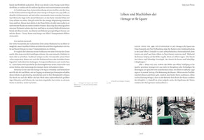 A two-page spread from a German-language publication titled Leben und Nachleben der Homage to the Square. The spread includes columns of text and three images. On the bottom left is a color reproduction of a Josef Albers painting with concentric squares of red, black, and blue. On the bottom right are two black-and-white photographs showing similar square paintings placed outdoors in a snowy, rocky, and wooded landscape.