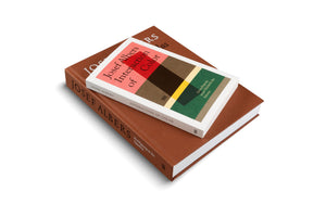 A smaller paperback edition of Josef Albers's Interaction of Color, with a colorful geometric cover, rests diagonally on top of a larger, terracotta-brown hardcover book against a plain white background.