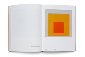 An open art book is shown against a white background. The right page features a color reproduction of an abstract painting with nested squares of red-orange, yellow-orange, and light gray. The left page is mostly blank, with the caption Suspended (Homage to the Square), 1953 at the bottom.
