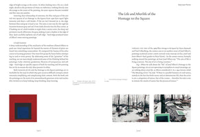 A two-page spread from an art publication titled The Life and Afterlife of the Homage to the Square. The left page features text and a Josef Albers painting of nested red, black, and blue squares. The right page shows two photographs of Albers's paintings displayed outdoors in a snowy, wooded landscape.