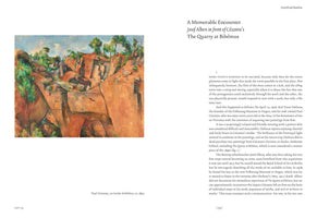 A two-page spread from an art book. The left page shows Paul Cézanne's painting, The Quarry at Bibémus, a landscape of an angular, rust-colored rock quarry with green trees and a light blue sky. The right page has the beginning of an essay titled A Memorable Encounter, discussing Josef Albers and the Cézanne painting.